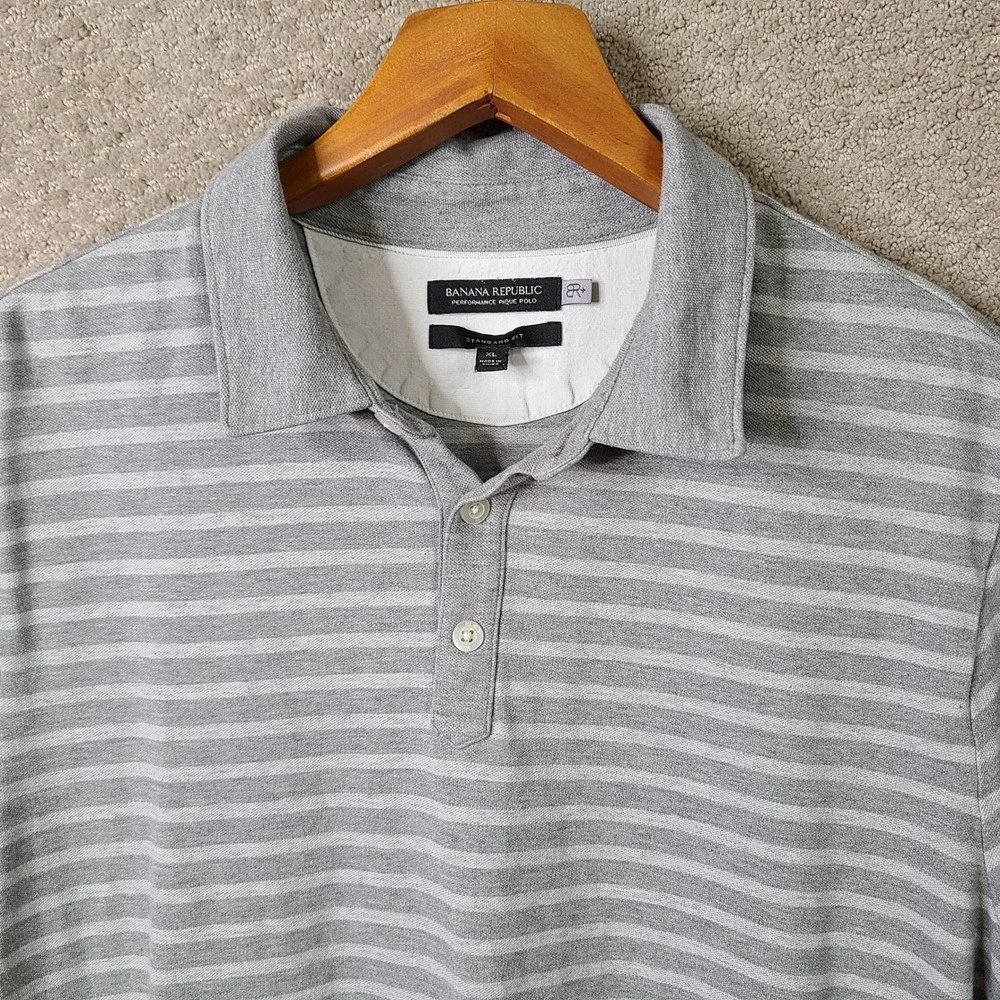 Banana Republic Polo Mens XL Gray Striped Performance Pique Standard Fit Cotton